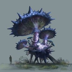 a man standing in front of a giant mushroom like structure with spikes on it's head