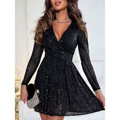 Season:Fall; Fabric:Polyester; Sleeve Length:Long Sleeve; Look After Me:Wash separately; Gender:Women's; Style:Casual; Elasticity:Micro-elastic; Occasion:Party; Fit Type:Regular Fit; Dresses Type:A Line Dress,Plain Dress,Sequin Dress,Casual Dress; Pattern:Plain; Design:Sequins; Neckline:V Neck; Listing Date:10/15/2024; Dress Length Type:Mini Dress; Print Type:non-printing Womens Sequin Dresses, Black Long Sleeve Mini Dress, Mini Party Dress, Sequin Sleeve, Fall Winter Dresses, Mini Party, Style Party, Sequin Mini, Loose Dress