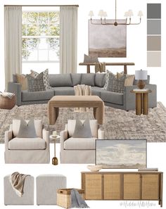 a living room with couches, chairs and other furniture in it's color scheme