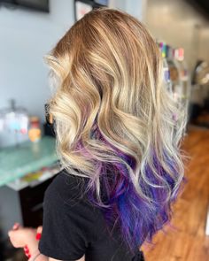 Blonde With Peekaboo, Blonde Hair With Blue Underneath, Blonde Hair With Purple Underneath, Pravana Purple, Peekaboo Hair Color, Purple Blonde Hair, Blue Brown Hair