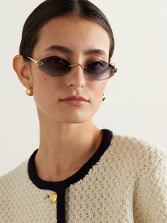 Cartier Eyewear's 'Panthère' sunglasses are adorned with the house's signature archived emblem that originated in the 1940's. Made from gold-tone metal, they have rimless hexagonal lenses and slender arms. Slender Arms, Hexagonal Sunglasses, Eyewear Womens, Gold Tone Metal, Cartier, Women Collection, Luxury Design, Porter, Lenses