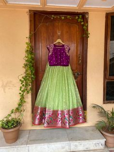 paithani lehenga set  |womens lavender purple Kota silk  lehenga choli |crop top lehenga set |designer paithani lehenga dupatta | lavender wedding lehenga choli |green zari Kota wedding lightweight lehenga usa Women's lehenga set /zari Kota paithani embroidered lehenga skirt/voggish      lehengas are one of the beautiful and versatile traditional attires of india !! we carry such pieces in budget with great quality that can be styled in multiple ways with different outfits !!       Here is Beautiful light green zari Kota silk paithani border lehenga paired with contrast mix and match purple pure raw silk hand embroidered high neck layered sleeve crop top as shown!! This set does not comes with dupatta but can be purchased separately  !! Skirt has heavy gear and both pieces can be mix and m Half Saree Lehenga Georgette, Lavender Lehanga Designs, Kota Lehenga Designs, Anarkali Style Sleeveless Chanderi Lehenga, Semi-stitched Sleeveless Anarkali Lehenga, Sleeveless Lehenga With Pallu For Eid, Sleeveless Chanderi Lehenga For Navratri, Sleeveless Art Silk Lehenga With Zari Work, Designer Chanderi Maxi Choli