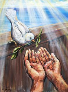 a painting of two hands reaching for a dove