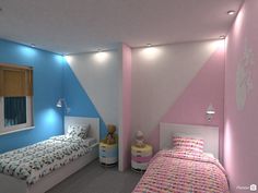 a child's bedroom with pink and blue walls