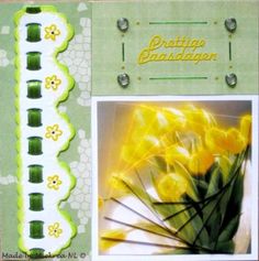 a scrapbook page with yellow flowers in the middle and green trimmings on it