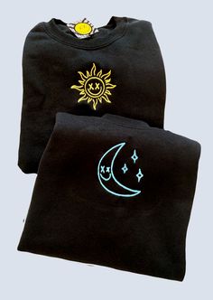 ✰COMES WITH TWO! Item 1 refers to the sun (Pictured is Black X Yellow Thread) Item 2 refers to the moon (Pictured is Black X Light Blue Thread) ✰Embroidered Matching Sets✰UNISEX✰Hand drawn and designed✰Super soft and comfy! *Sizes 2XL-3XL may be subject to longer processing times since we don't carry a large amount of inventory in those sizes, so we would have to put in a special order from our supplier! Thank you for understanding. Black Necklace With Sun And Moon Design As Gift, Sun And Moon Hoodie, Sun And Moon Matching, Sun And Moon Blanket, Casual Summer T-shirt With Sun And Moon Design, Cotton Sun And Moon Design T-shirt For Summer, Matching Hoodies, Moon Pictures, Sun And Moon