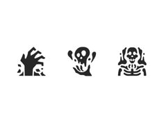 three black and white silhouettes of hands holding skulls