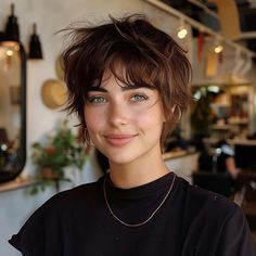 24 Best Ways to Have Feathered Bangs Right Now "bixie" Haircut 2022 Back View, Haircut Short Hair With Bangs, Pixie Bob Haircut With Bangs, Straight Hair Short Hairstyles, Womens Mullet, Pixie Hairstyles With Bangs, Shag Pixie, Short Shag With Bangs, Green Hairstyles