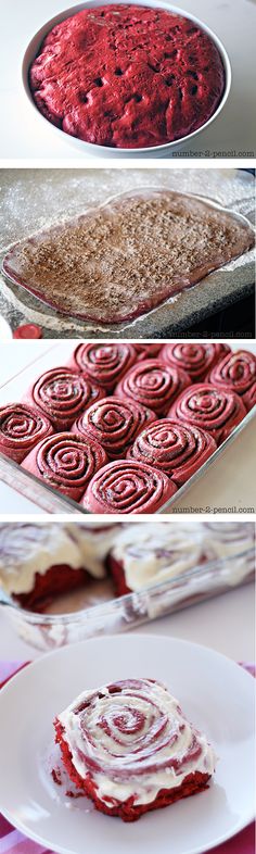 three different pictures of red velvet pies