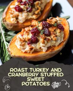 roasted turkey and cranberry stuffed sweet potatoes on a platter with text overlay