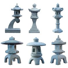 an assortment of stone lanterns and pagodas in various shapes, sizes and colors on a white background