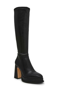 Bring a bit of retro attitude to your look with this streamlined knee-high boot complete with a platform sole and lofty block heel. 3 3/4" heel; 3/4" platform; 3" slope 15" shaft; 13 1/2" calf circumference. Narrow calf Side zip closure Synthetic upper/textile lining/synthetic sole Imported Knee High Platform Boots, Platform Boots Women, Oxford Heels, Walker Shoes, Platform Slippers, Platform Boots, Black Fits, Knee High Boots, Side Zip