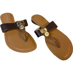 Brand New Without Box! No Flaws. Brown Toe Post Sandals With Cushioned Footbed, Brown Leather Footbed Flat Flip Flops, Brown Flat Flip Flops, Brown Leather Flat Heel Flip Flops, Brown Leather Flat Flip Flops, Brown Synthetic Flat Heel Flip Flops, Trendy Michael Kors Flat Sandals, Adjustable Brown Flat Flip Flops, Michael Kors Gold Sandals With Round Toe