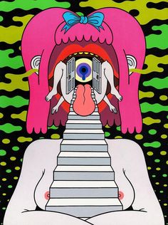 an image of a woman with pink hair and eyeballs on her face sitting in front of stairs