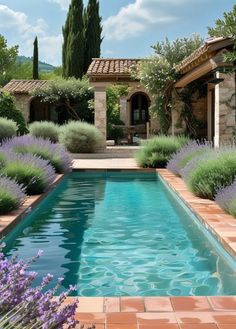 an outdoor swimming pool surrounded by plants and lavenders in front of a stone house