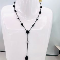 New With Tag Elegant Black Necklaces With Adjustable Chain, Black Clavicle Chain Necklace For Evening, Black Jewelry With Adjustable Chain For Formal Occasions, Long Black Clavicle Necklace, Black Evening Jewelry With Adjustable Chain, Elegant Black Adjustable Necklace, Formal Black Necklaces With Black Beads, Elegant Black Lariat Necklace With Adjustable Chain, Black Lariat Jewelry For Gift