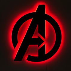 the avengers logo is lit up in red and black colors with an arrow symbol on it