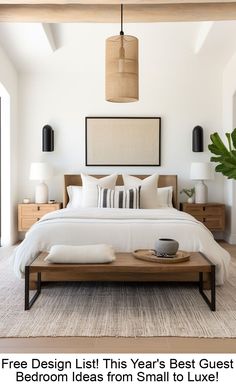 a bed room with a neatly made bed and two lamps hanging from the headboard