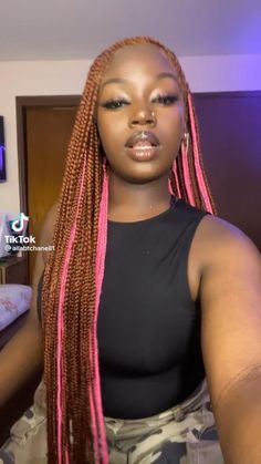 Long Hair and Statement Accessories: Trendy Ideas Pink Box Braids, Pink Peekaboo, Brown And Pink Hair, Peekaboo Hair Colors, Latest Hair Braids, Peekaboo Hair, Colored Braids