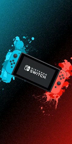 a nintendo switch game controller with red and blue paint splatters on the background