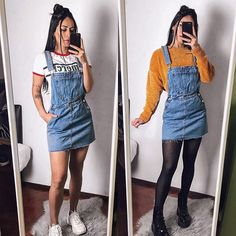 Boa noite seguiMores ❤️🌜✨ Overall Dress Outfit Winter, Jean Overall Dress Outfit, Denim Overall Dress Outfit, Overall Skirt Outfit, Jean Dress Outfits, Jean Overall Dress, Everyday Casual Outfits, Winter Dress Outfits, Denim Overall Dress