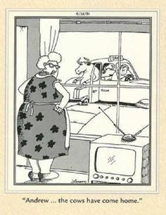 an older woman standing in front of a tv with the caption'andrew, the cows have come home '