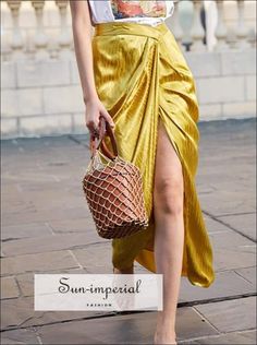 Yellow Mustard Striped High Waist Ruched Hem with front Slit Maxi Skirt Mustered Yellow, Asymmetric Skirt, Office Dresses For Women, Yellow Skirt, Yellow Outfit, Long Skirts, Yellow Mustard, Asymmetrical Skirt, Solid Dress