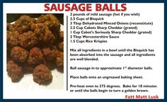 a recipe for sausage balls on a white plate