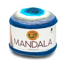 a ball of yarn with the word mandala written in red, white and blue