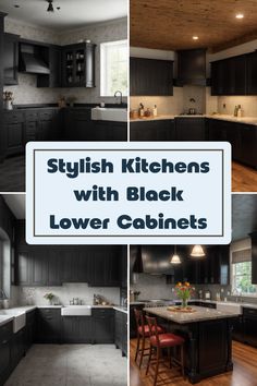 A collection of 4 images showcasing stylish kitchens with black lower cabinets. Discover cozy and modern designs featuring beautiful farmhouse sinks and elegant details that elevate kitchen spaces. Black Kitchen Handles, Natural Stone Countertops, Update Cabinets, Kitchen Redesign, Kitchen Games, Black Kitchen Cabinets, Kitchen Transformation