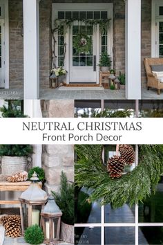 the front porch is decorated for christmas with pine cones, evergreens and other greenery