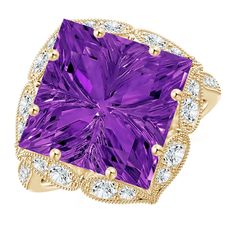 Feast your eyes on the splendid V-cut square amethyst, held in an ornate vintage-inspired setting. The diamonds surrounding this velvety purple gem and on the shank glitter exceptionally, while the fine milgrain work completes the old world vibe of this 14k yellow gold ring. Amethyst Ring Vintage, Purple Gems, 14k Rose Gold Ring, 18k Yellow Gold Ring, V Cut, V Cuts, Amethyst Ring, Yellow Gold Rings, 18k Rose Gold