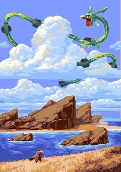 an image of some birds flying in the sky over water and rocks with clouds above them