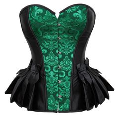 Shape that silhouette with a fabulous overbust corset! This jacquard top corset is perfect for a sexy look. Even drag queens can't resist! Made of polyester with hooks, laces, and plastic bones, plus a cute bow for decoration. Materials: Polyester Closure: Hooks, laces Bone material: Plastic Decoration: Bow IMPORTANT: Please, measure yourself and check the size chart before placing your order. Select the size according to your natural waistline measurement. If you're in between 2 sizes, please, select the smaller one. If your bust doesn't fit in that size, you should opt for an underbust corset. The size chart is accurate. If you need help to pick the right size, please, provide your measurements at info@thedragqueencloset.com and we will advise you. Plus Size Clubwear, Bustier Lingerie, Corsets Vintage, Satin Corset Top, Satin Bustier, Green Corset, Jacquard Top, Floral Lingerie, Top Corset