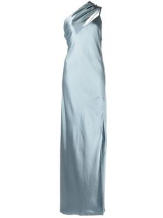 side-slit one-shoulder gown from MICHELLE MASON featuring scarf detailing, side slit, one-shoulder, sleeveless, long length, celestine blue and silk. One Shoulder Satin Gown, Light Blue Black Tie Dress, Light Blue Silk Dress Long, One Shoulder Silk Dress, Light Blue Evening Gown, Light Blue Silk Dress, Light Blue Dress Formal, Bridesmaids Colors, Bridesmaid Dresses Blue