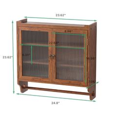 a wooden cabinet with glass doors and measurements