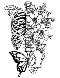 a skeleton with flowers and a butterfly