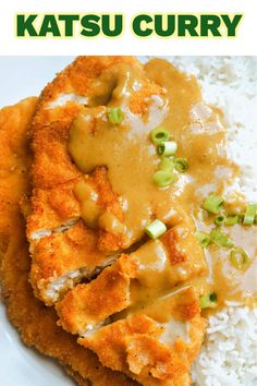 chicken with gravy and green onions served on rice in a white plate, with text overlay