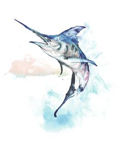 a painting of a marlin in the air with its mouth open and it's tail out