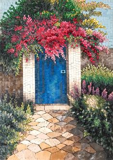 a painting of a blue door surrounded by flowers