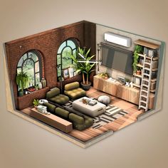 this is an image of a living room with furniture and decor on the floor in 3d