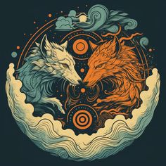 two foxes are facing each other in the sky