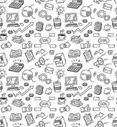 a black and white pattern with doodles on the theme of computer technology, including laptops