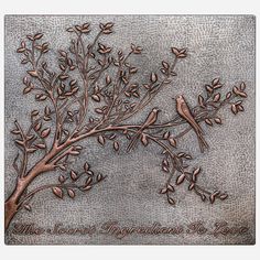 Copper Backsplash (Grosbeak Birds on Tree Branches, Silver&Copper Color) Tree Branches With Leaves, Copper Tile Backsplash, Copper Kitchen Backsplash, Birds On Tree, Branches With Leaves, Copper Artwork, Beautiful Backsplash, Copper Backsplash, Kitchen Backsplash Tile