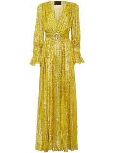 yellow silk blend metallic threading gathered detailing crystal buckle detail front slit V-neck long sleeves maxi skirt Long Sleeve Chiffon Dress, Light Silk, Chiffon Wrap, Yellow Silk, Chiffon Long Sleeve, Invisible Zip, Long Sleeve Maxi, Philipp Plein, Threading