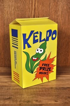 a yellow box with an image of kelpo on it