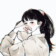 a drawing of a girl with her hand on her face and looking off to the side