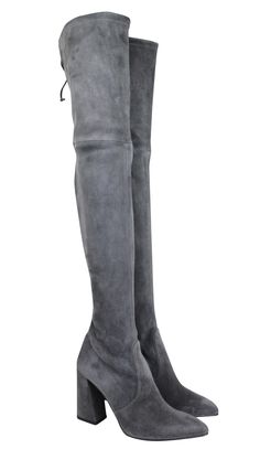 Made of Suede Upper / leather lining / rubber sole Style: Over the Knee Boots; Pattern: Solid Measurements: Boot Shaft Height: Thigh-High; Width: Medium (B, M); 22 boot shaft; 12 - 14 1 / 2 calf circumference; stretches to fit calf Original Stuart Weitzman box, tags Made in Spain Gray Leather Boots With Reinforced Heel, Luxury Fitted Boots With Rubber Sole, Gray Fitted Boots For Fall, Gray Rubber Sole Boots For Fall, Gray Boots With Rubber Sole For Fall, Fitted Suede Boots With Leather Sole, Classic Gray Leather Boots, Gray Formal Boots For Fall, Formal Gray Boots For Fall