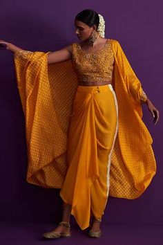 Shop for Pink City Yellow Silk Printed Cape And Skirt Set for Women Online at Aza Fashions Open Crop Top, Bandhani Print, Yellow Kurta, Printed Embroidery, Pink City, Yellow Silk, Draped Skirt, Top Round, Fabric Silk