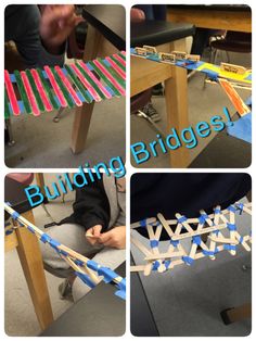 four pictures showing different stages of building bridges for children to play on the same table